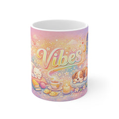 Cozy Vibes Mug — Pastel Cute Cat & Dog Relaxation Coffee Cup