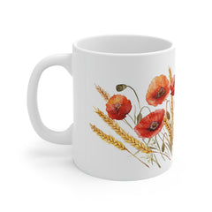 Poppy & Wheat 11oz Ceramic Mug — Rustic Floral Coffee Cup