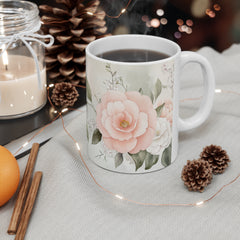 Floral Camellia Coffee Mug — Soft Pastel Botanical Tea Cup